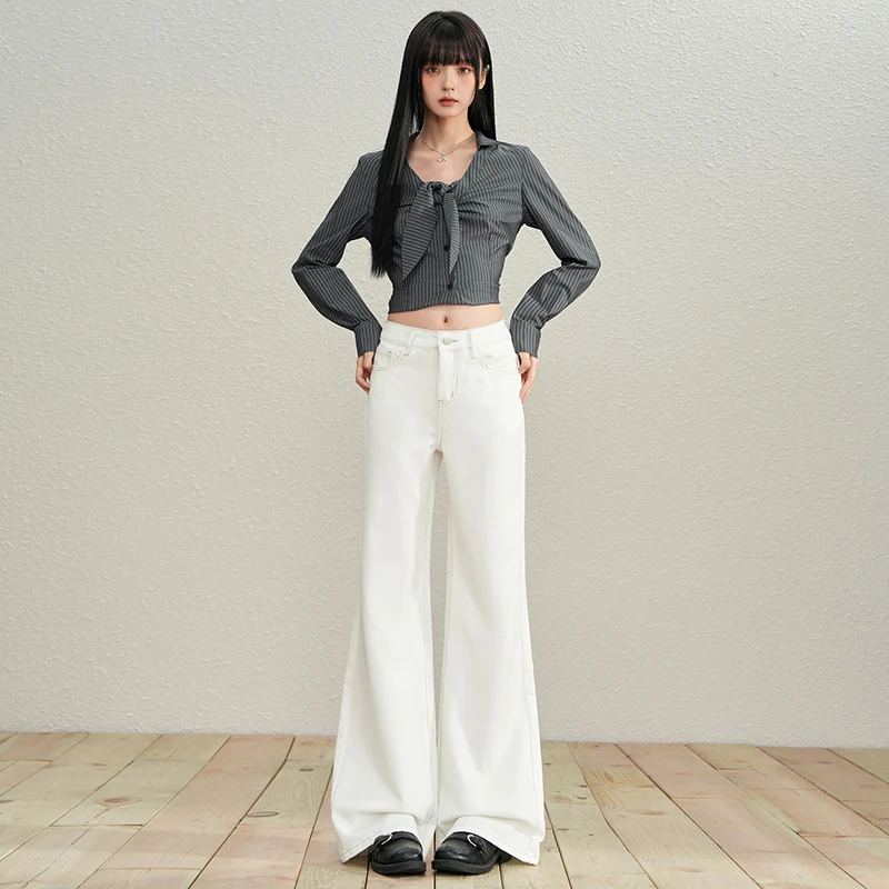 

Women's Anti-Wrinkle Draped Flare Jeans YKK Zipper Loose Slimming Versatile Non-Fading Petite Bootcut Denim Pants