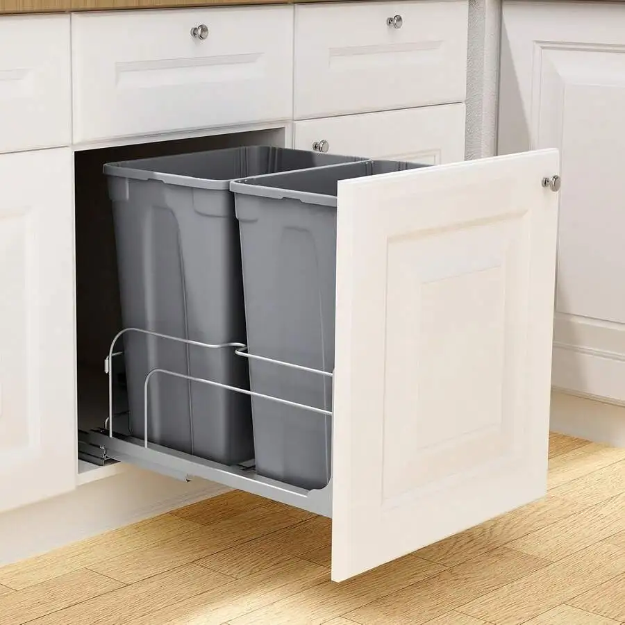 

Pull-Out Dual Trash Can 35 Qt X2 Under Cabinet Kitchen Waste Bin With Soft Close Slides Grey