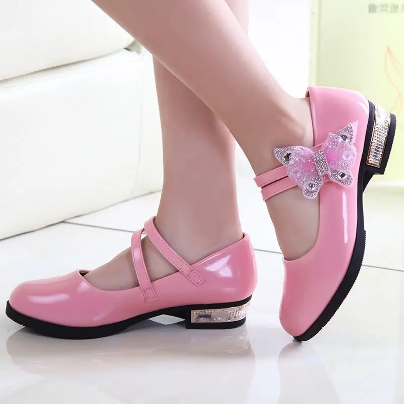 Pink Red Girls Leather Shoes Kids High Heeled Princess Shoes For Party Wedding Dance Childrens Black Dress Shoes chaussure fille