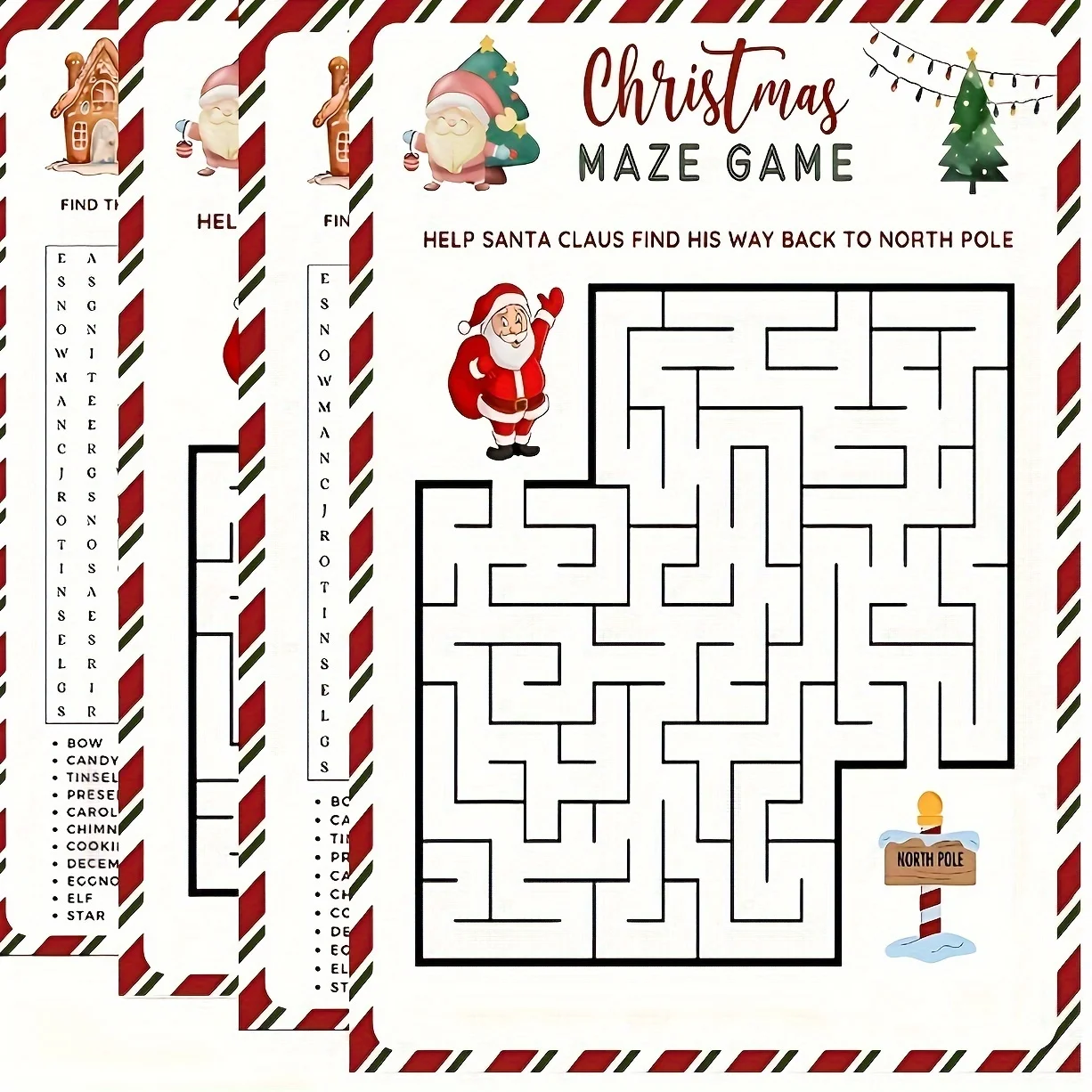 Christmas party game sets - Double-sided word search and maze cards, suitable for family gatherings and classroom fun