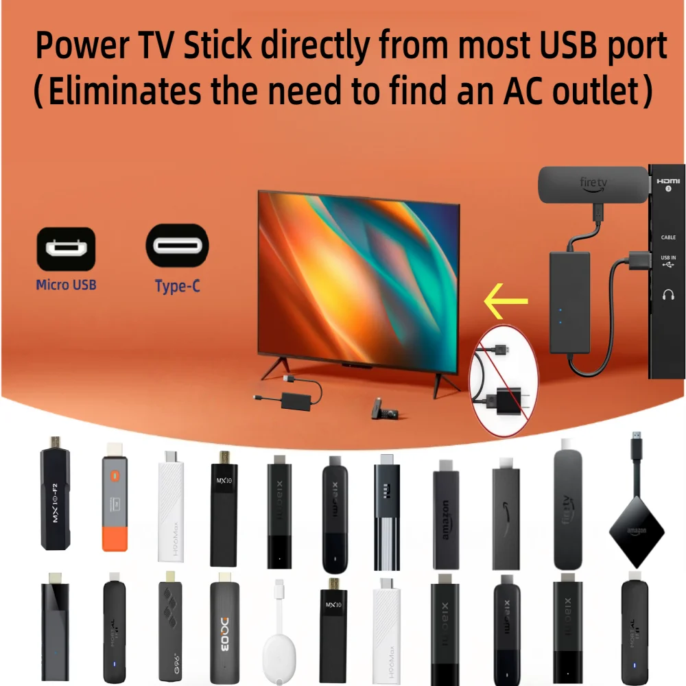 Adapter kabla zasilającego do Amazon Fire TV, Xiaomi Google TV Streamer 4K Chromecast Streaming Stick - eliminuje potrzebę użycia zasilacza sieciowego.