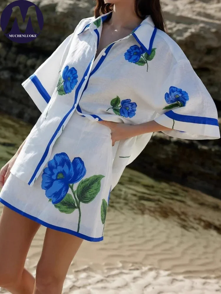 2 قطعة مجموعات امرأة الزي الصيف جديد طباعة نصف كم التلبيب قميص فضفاض بلايز الدعاوى موضة عادية الورك المعانقة تنورة صغيرة مجموعة