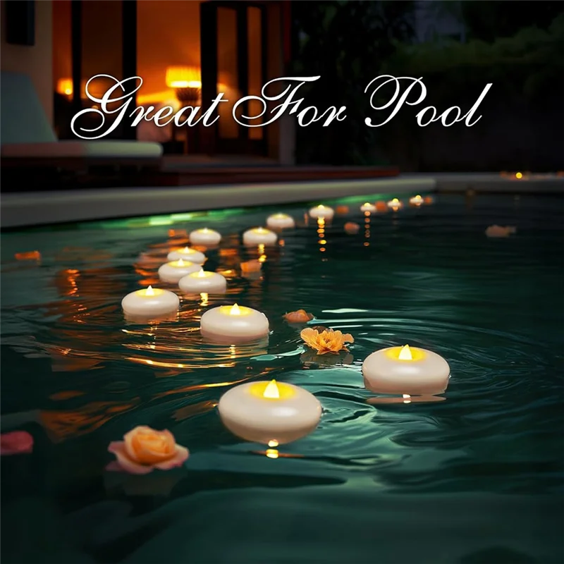 AT02-24-Count Waterproof Floating LED Tealights, White Flameless Candles, 200 Hour Battery For Cylinder Vases
