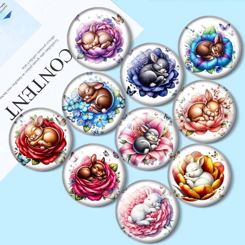 Watercolor Sleeping Baby Rabbit 10pcs 12mm/16mm/18mm Round Photo Glass Cabochon Demo Flat Back Making findings