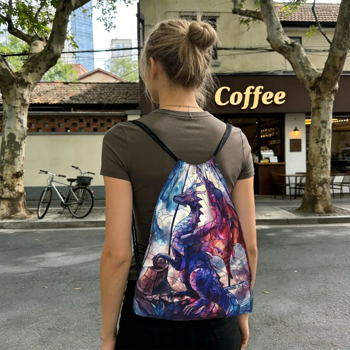 

Glass Purple Dragon Pattern Backpacks Fashion Drawstring Bundle Pocket Sports Bag Book Bags for Travel School