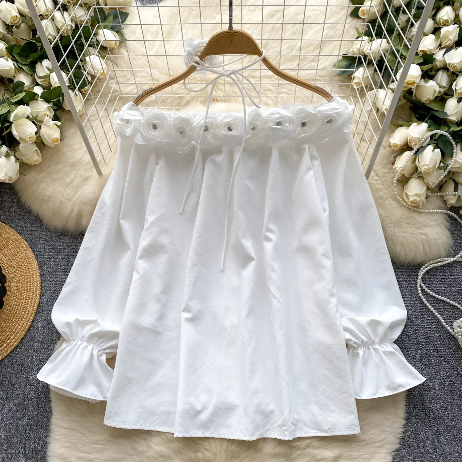 Women Three-dimensional Flower Loose Tank Top Slim Basic Sexy Fashion Slash Neck Puff Long Sleeve Crop Top Autumn Women Blouse