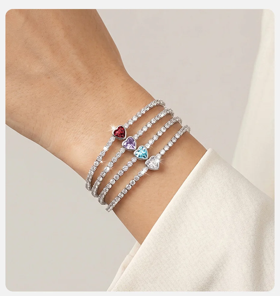 Vnox Exquisites Romantisches Herz-Geburtsstein-Tennisarmband für Frauen, Verstellbares AAA-Zirkonia-Armband, Persönliches Geburtstagsgeschenk – Detail 2