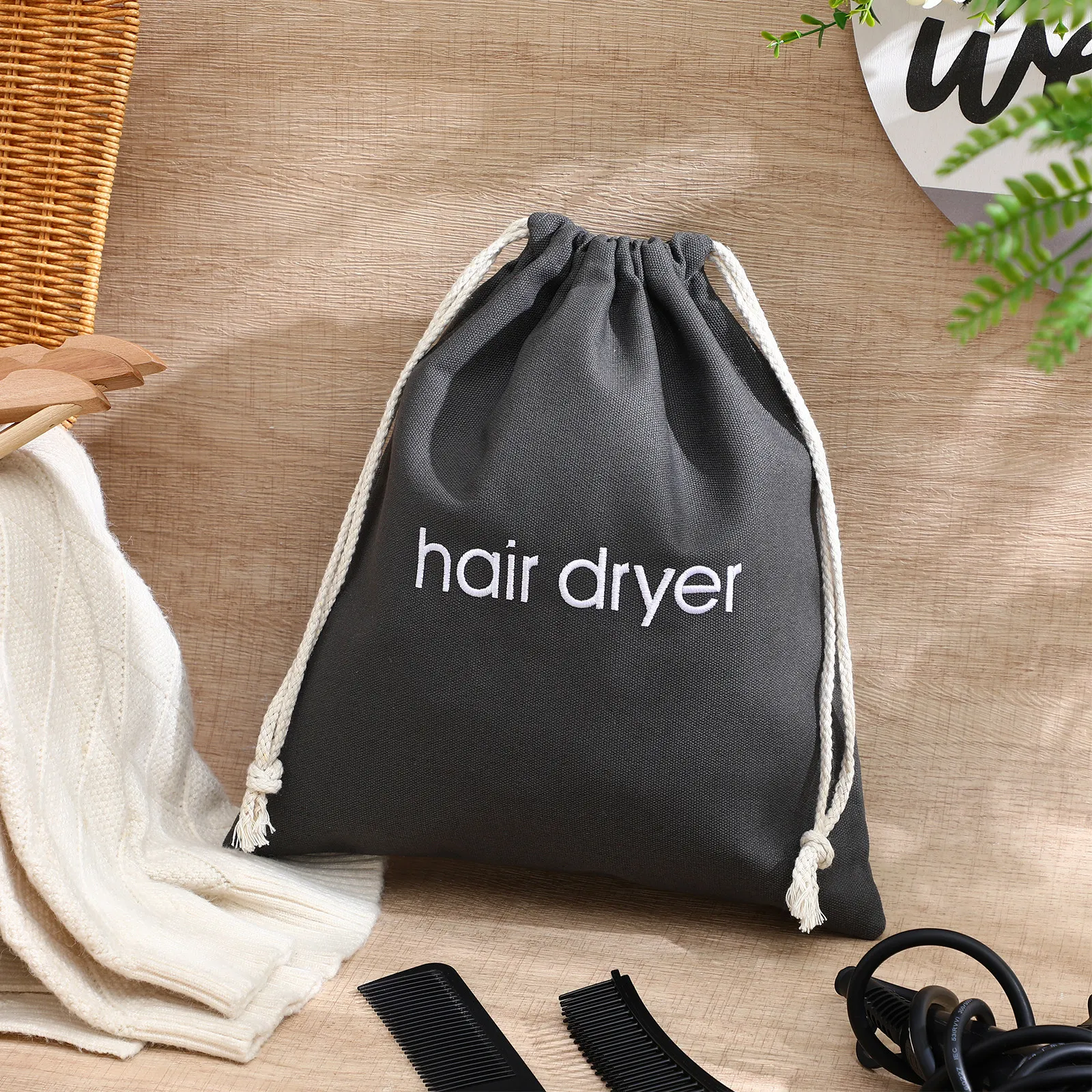 1Pcs Hair Dryer Storage Bag Cloth Drawstring Pouch Wall-Mountable Foldable Dust-Proof Reusable Multifunctional Household