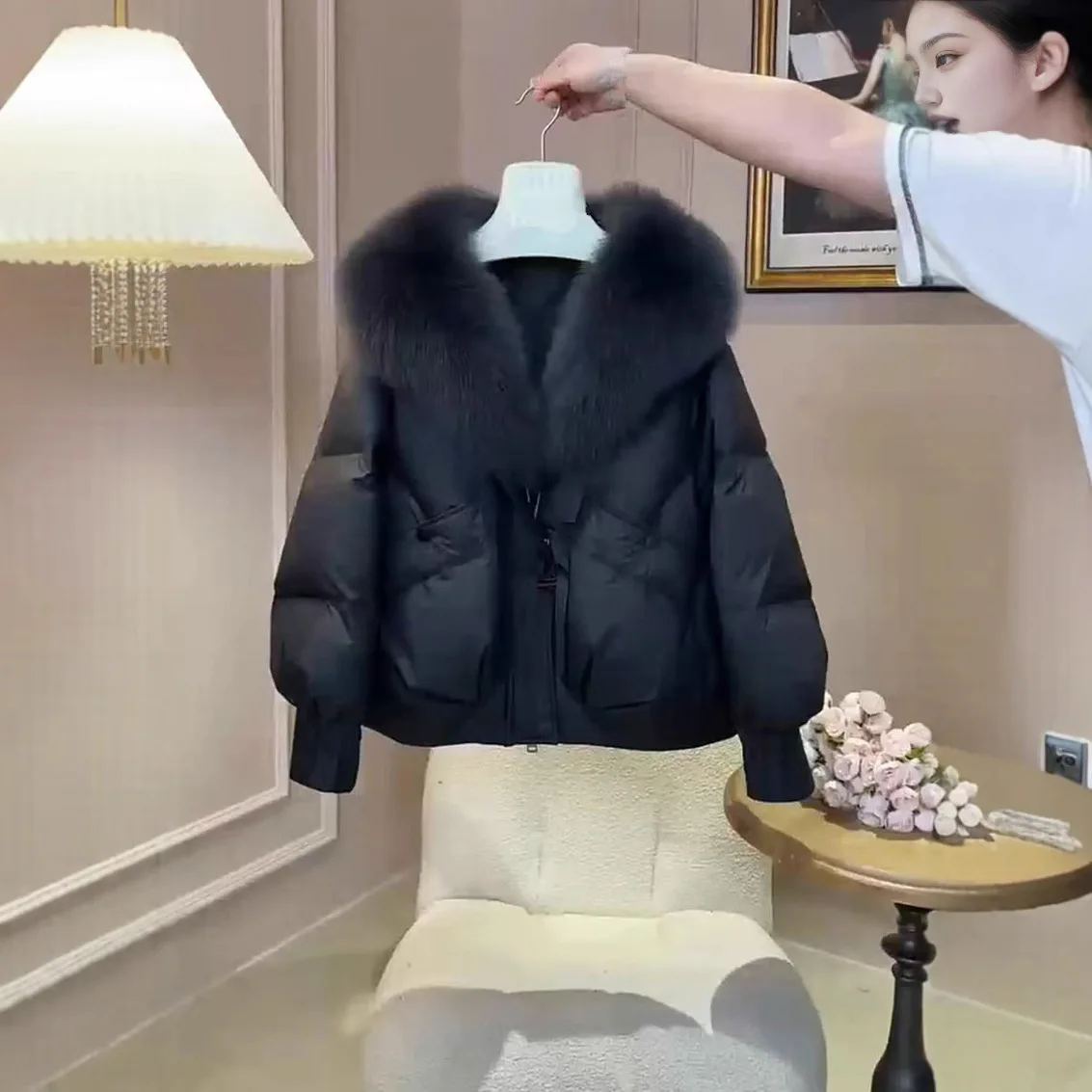 

Parkas Coats Women Solid Jacket Zipper Fur V Collar Long Sleeve Slight Stretch Loose Thick Casual Office Lady 2025 Autumn Winter