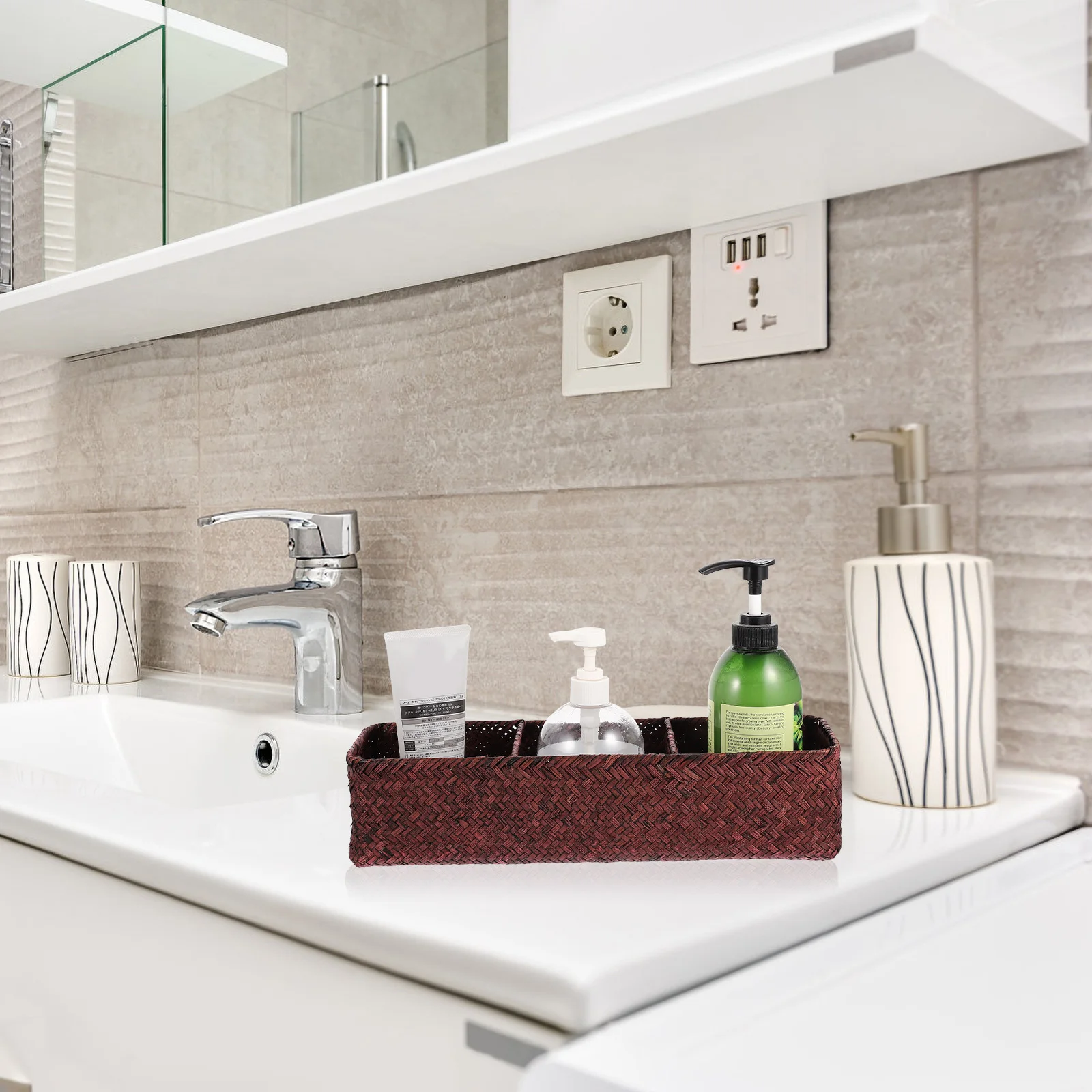 

1Pcs Sea Grass Woven Home Storage Box 3 Compartments Desktop Organizer Sundries Case Lightweight Multi Purpose Compact Design