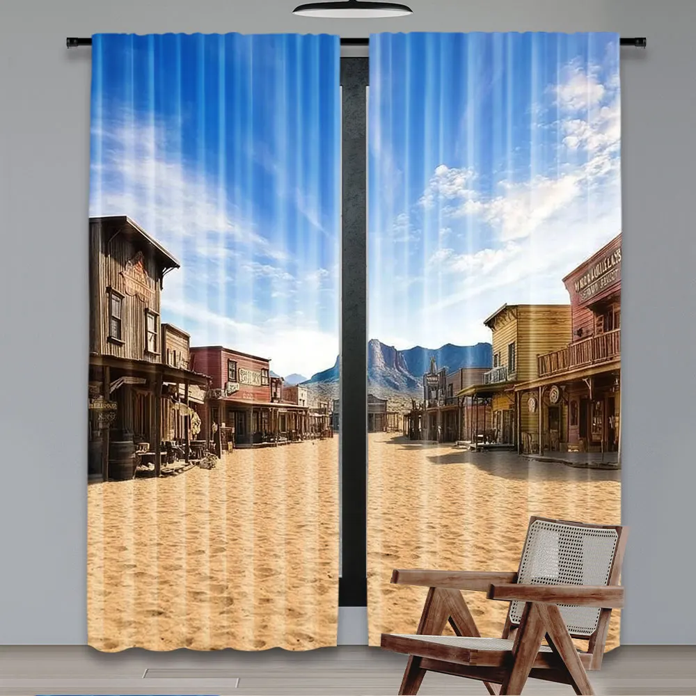 2Pcs Old Western Cowboy Town Curtain Wild West Style Window Drapes Suitable For Bedroom Bathroom Living Room Dining Room Study