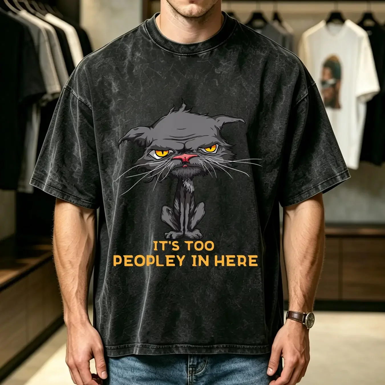 washed T Shirt It's Too Peopley In Here Bored Cat Funny Introvert Angry Size S 5XL vintage Washed Stretched homme