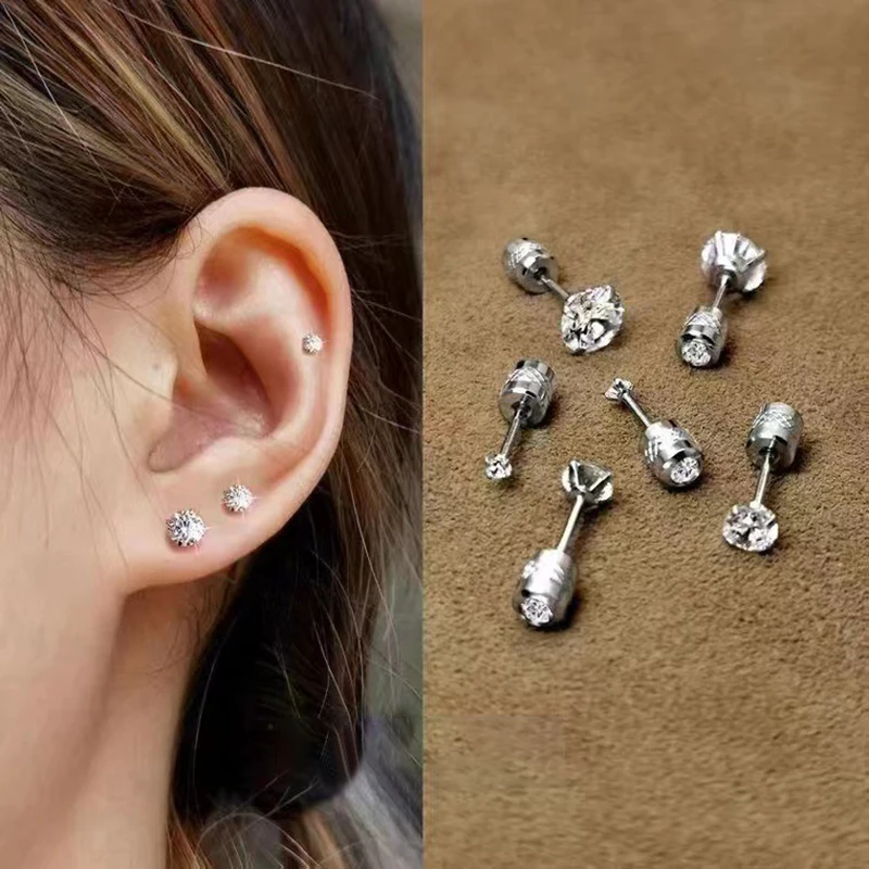 1PCS Screw Ear Studs Earrings Stainless Steel Double Crystal Zircon Korean Earrings For Women Anti Allergic Body Jewelry