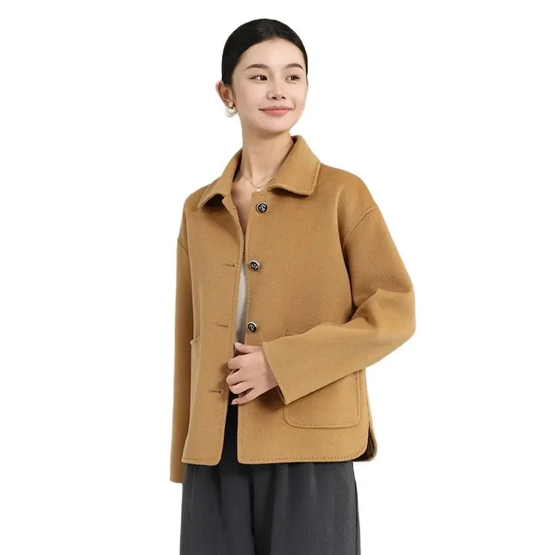 Classic Polo Collar 100% Pure Wool Women's Jacket Reversible Woolen Coat Single-Breasted Comfortable Coat Women's Clothing