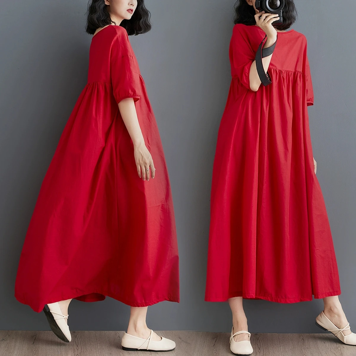 2025 Women's Elegant Red Dress Luxury Beach Vacation Long Dresses Boho Loose solid Midi Summer Ramie-Cotton Linen Casual Dress