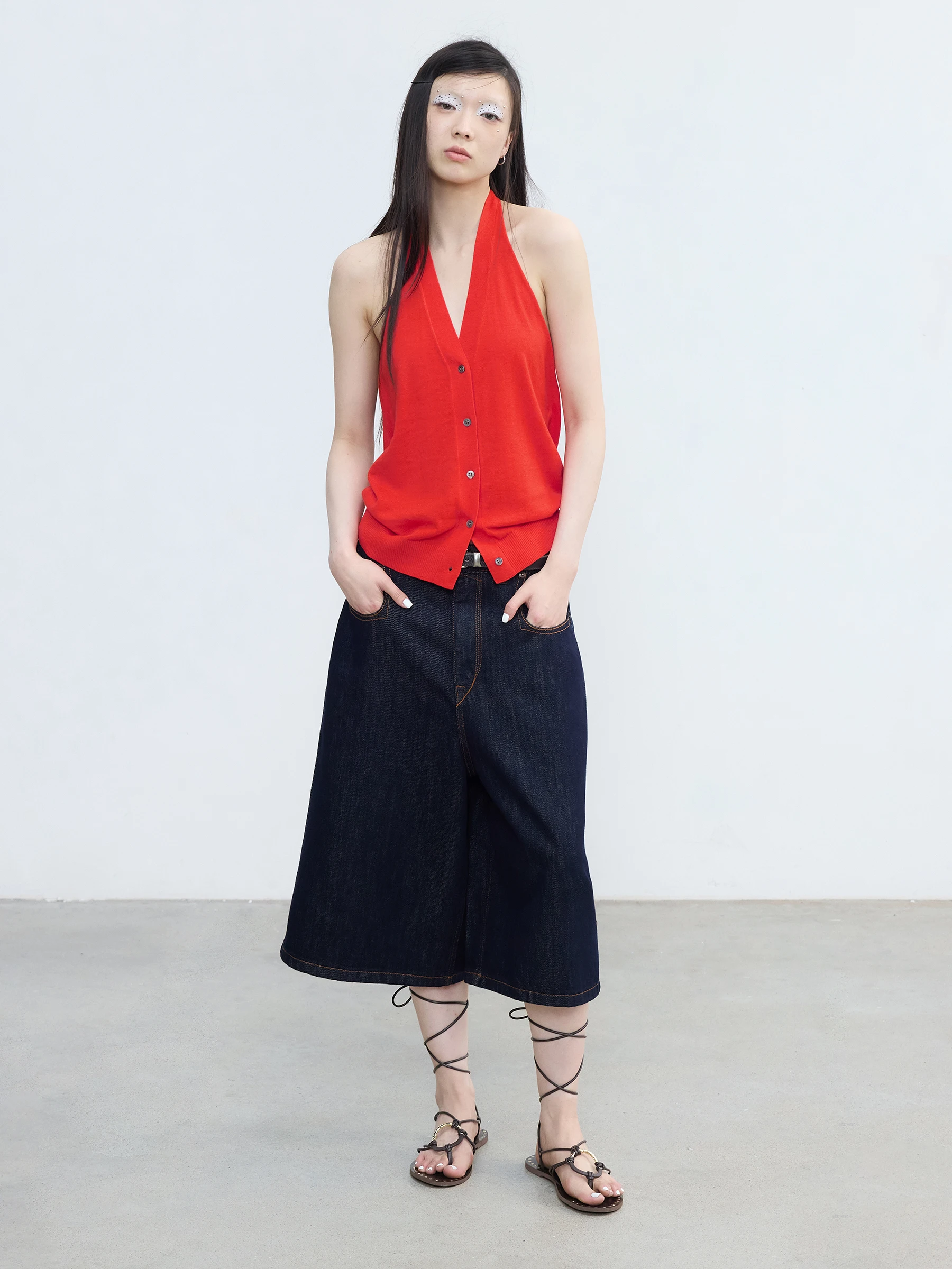 VERMO Summer Bright Tomato Red Washable Adjustable Neckline Knitted Linen Cotton Vest Women's Short Style V-Neck Backless Top