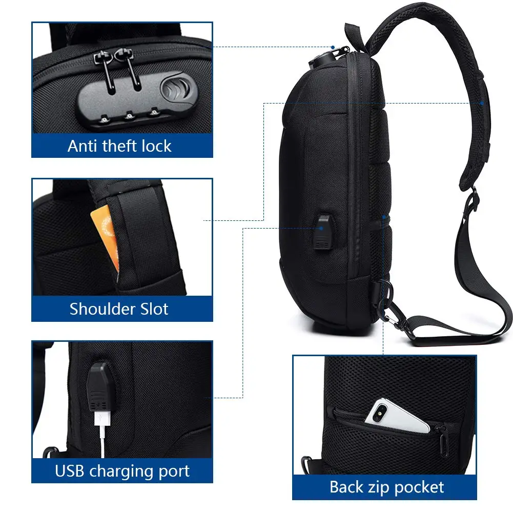 Anti Theft Sling Bag Shoulder Crossbody Backpack Waterproof Chest Bag with USB Charging Port Lightweight Casual Daypack