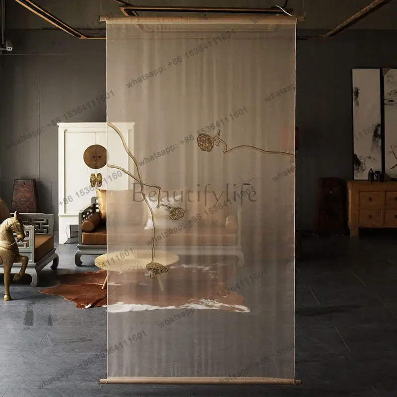 T new new Chinese screen partition living room entrance art silk hand-painted hanging screen soft curtain