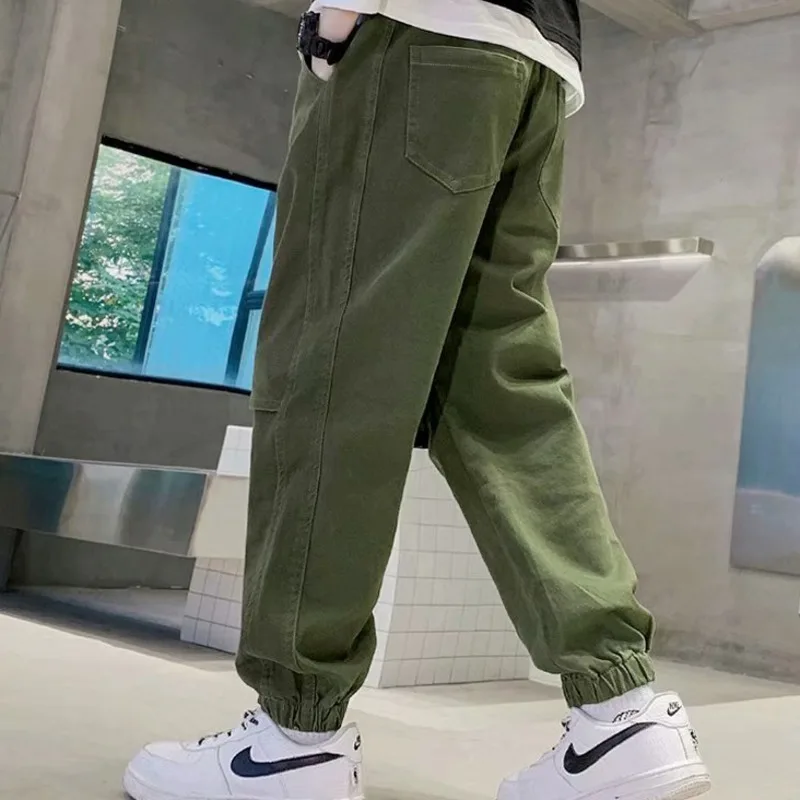 New Summer Children Pants Little Boys Trend Hip Hop Bind Feet Long Pants Handsome Fried Street Children Work Pants 110-170cm