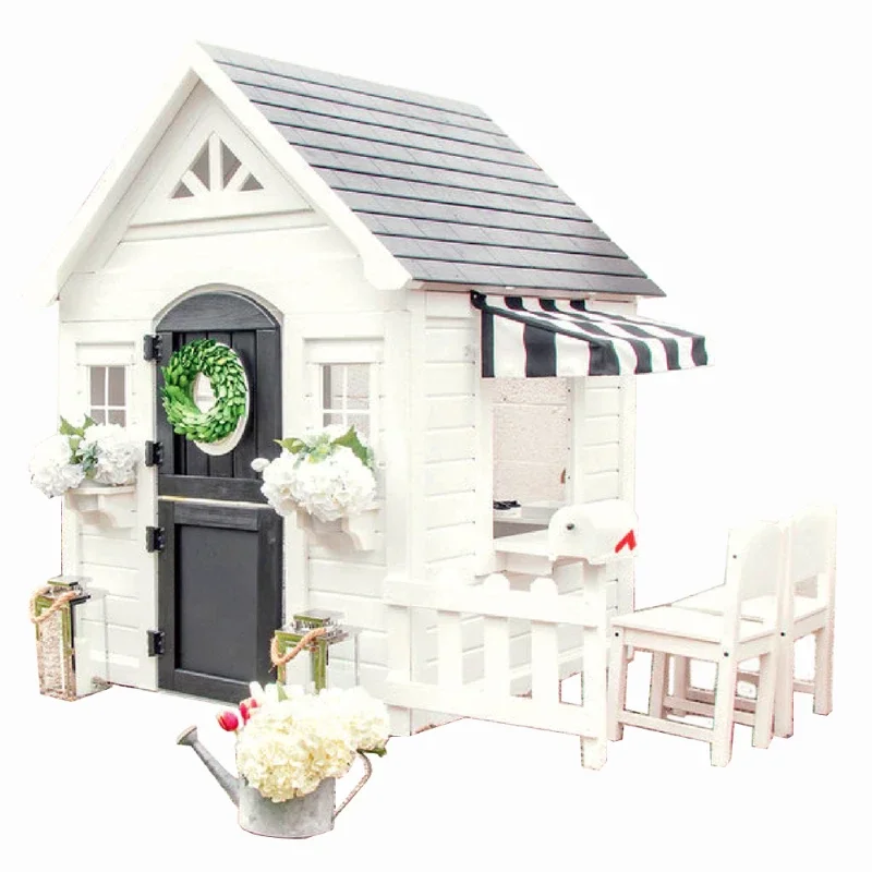 Simple Play house with fence Modern white wood cubby house And fence stool Outdoor Children's wooden Playhouse for Kids