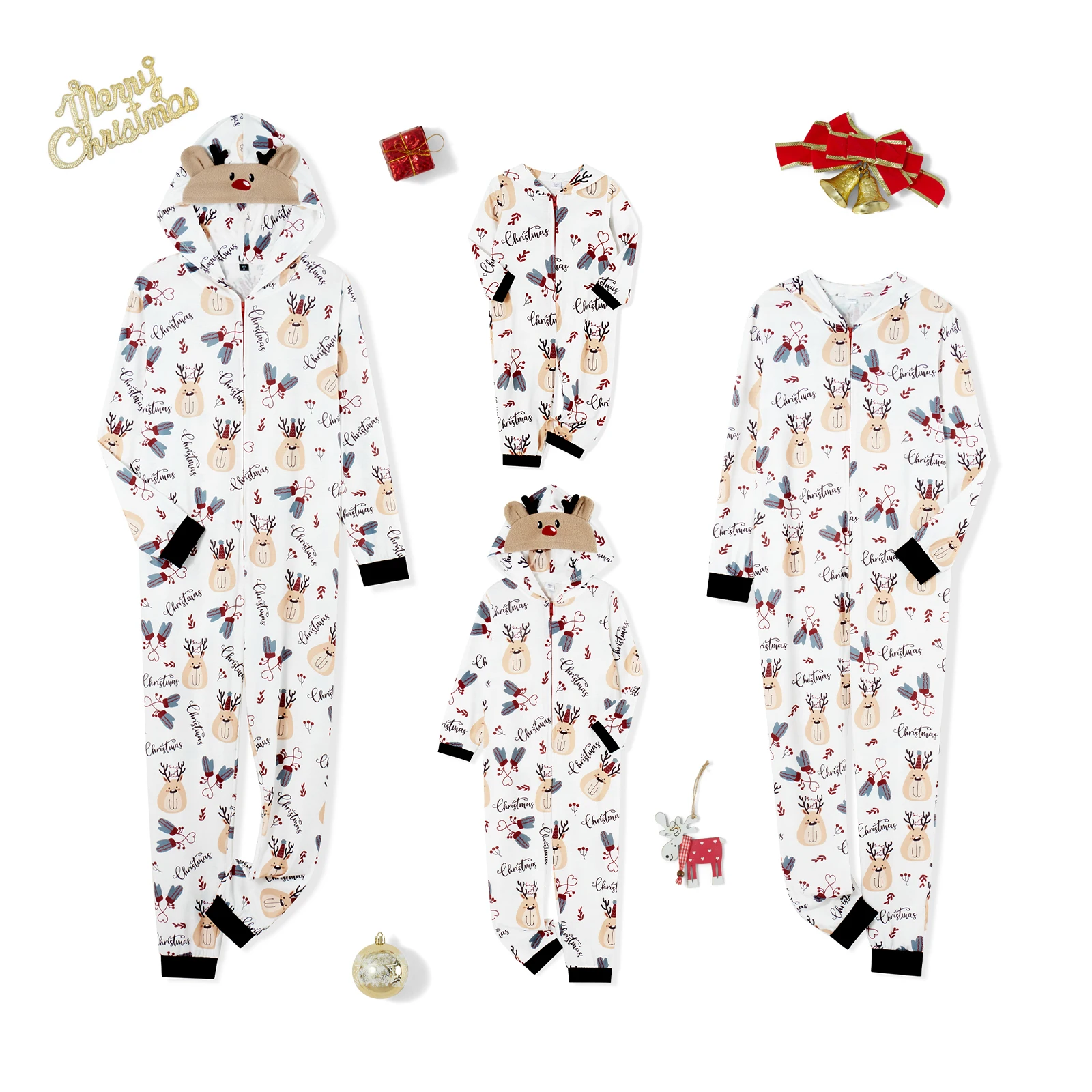 Combhasaki Familien-passender Weihnachts-Pyjama, Loungewear, langärmelig, 3D-Elchgeweih, Allover-Print, Kapuzen-Strampler, Overalls mit Reißverschluss