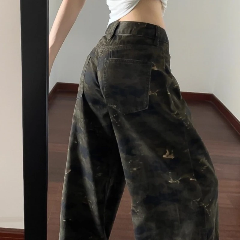 

2025 New American High Street Camouflage Jeans for Women, High Waist, Loose Fit, Slimming Design, Wide Leg Long Pants