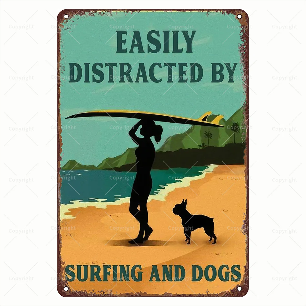 Surf & Dogs Vintage Metal Sign - Humorous Wall Art for Home, Beach House, Cafe, Bar | Perfect Gift Surfers Dog Lovers