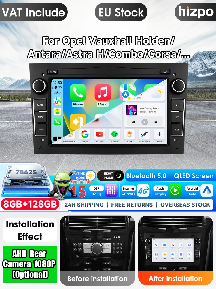 Hizpo 7-Zoll Kabelloses CarPlay Android Auto Autoradio für Opel Astra H J 2004 Vectra Vauxhall Antara Zafira Corsa C D Vivaro Meriva Veda Multimedia Kabelloses Apple CarPlay Smart Intelligentes System