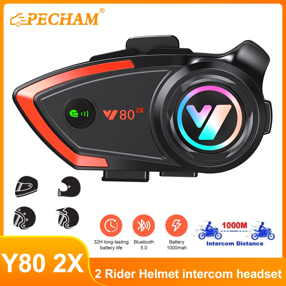 

Motorcycle Helmet Intercom Bluetooth Headset V5.0 Hands Free Call Wireless Noise Reduction Waterproof 1000M 2 Rider Interphone