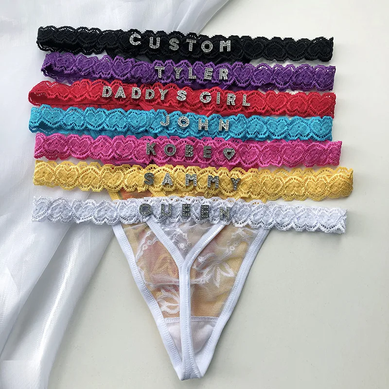 Custom Name Thong Sexy Lace T-shaped Personalized Crystal Letters Underwear Tanga Panties for Women G-String Hot Wife Lover Gift