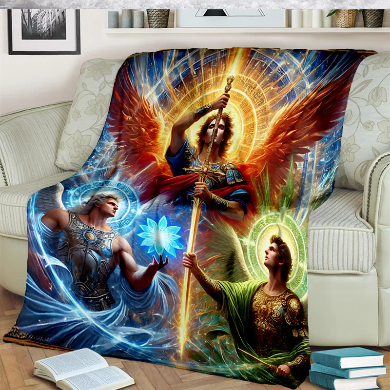 Bright Glowing Halo Three Winged Archangel Holy Sword Lotus Flannel Throw Blanket, Soft Sofa Blanket, Religious Faith Decor Gift