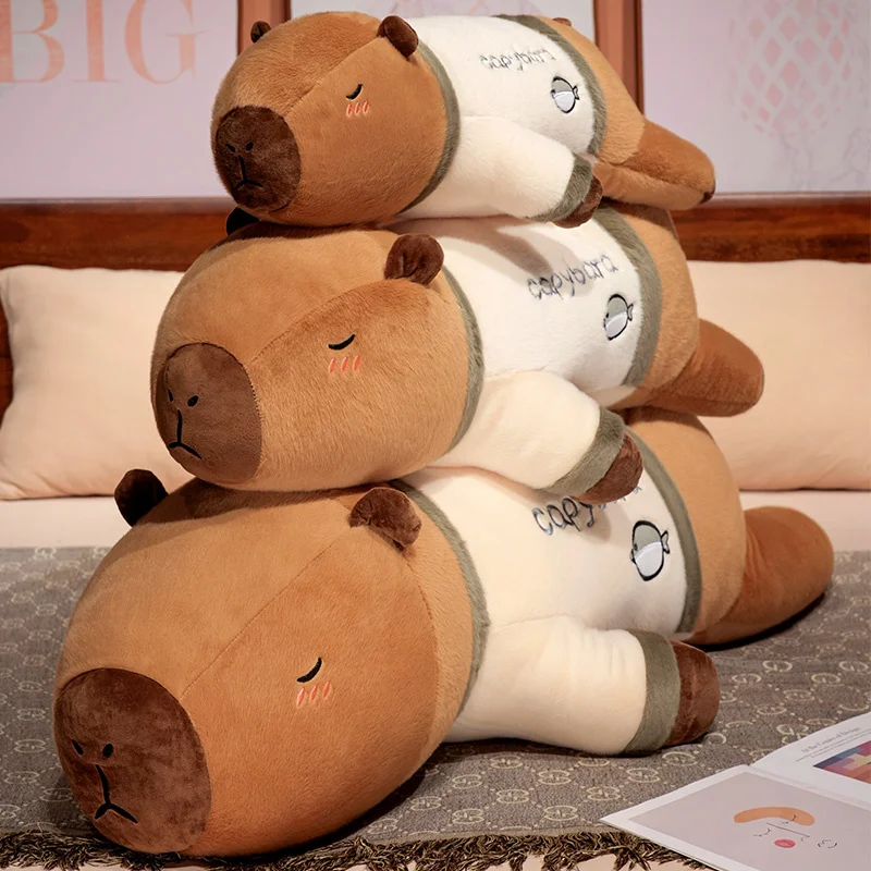 100cm Cute Giant Cartoon Capybara Plush Doll Throw Pillow Wear T-shirt Lying Capybara Plush Toy Home Decor Soft Hug Best Gift