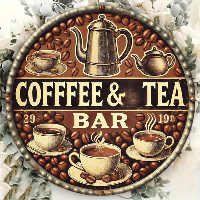 لوحة لافتة معدنية مسطحة 2D، قطعة واحدة مفتوحة 2D، لافتة معدنية مستديرة لبار شاي القهوة العتيق - 7.8 بوصة × 7.8 بوصة | ديكور حائط متين #2