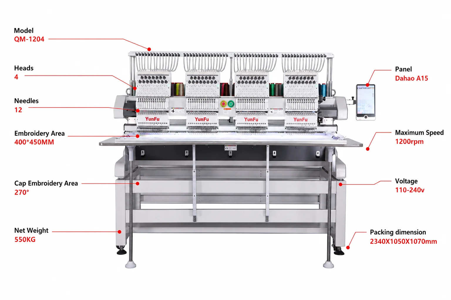 YUNFU Brand High Speed 4 Head Embroidery Machine CE Standard Industrial Computerized Embroidery Machine