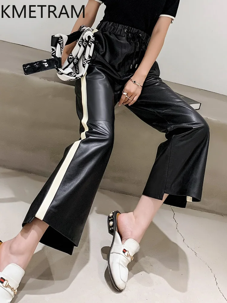 KMETRAM 100% Top Layer of Sheepskin Women Pants Autumn 2025 Black Cropped Pants Genuine Leather Wide Leg Trousers Woman Clothing