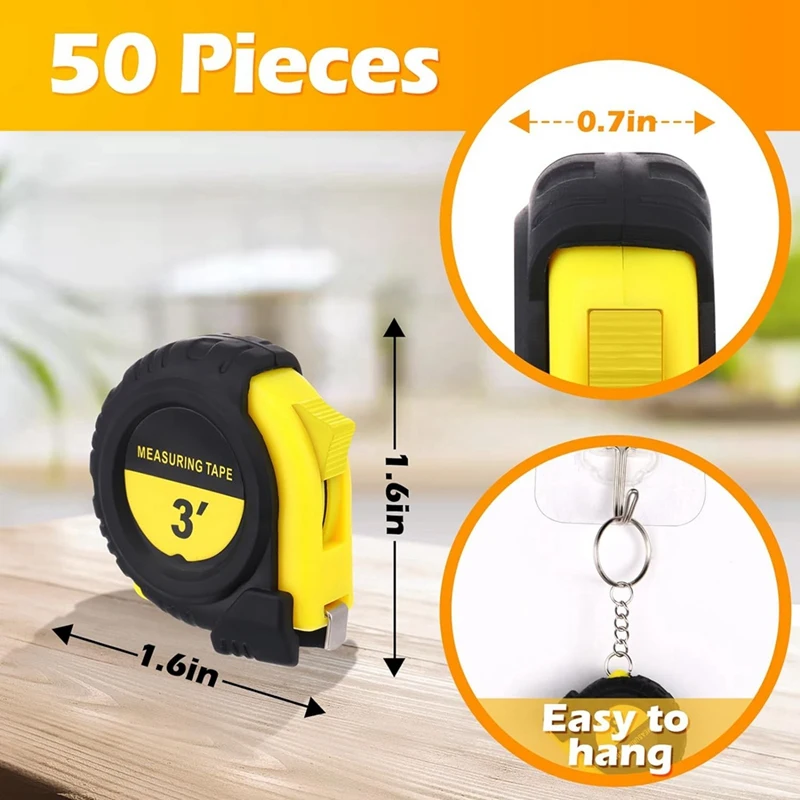 50 Piece Mini Measuring Tape Retractable Key Chain Tape Black & Yellow Plastic Measure Easy Read Measuring Tape Bulk Set