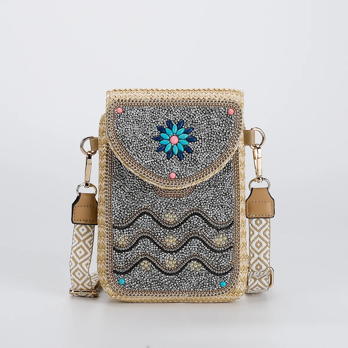 New Bohemian Style Mini Women Phone Shoulder Bag Handbags Lady Retro Heavy Rice Beads Shell Flower Exquisite PU CrossBody Bags