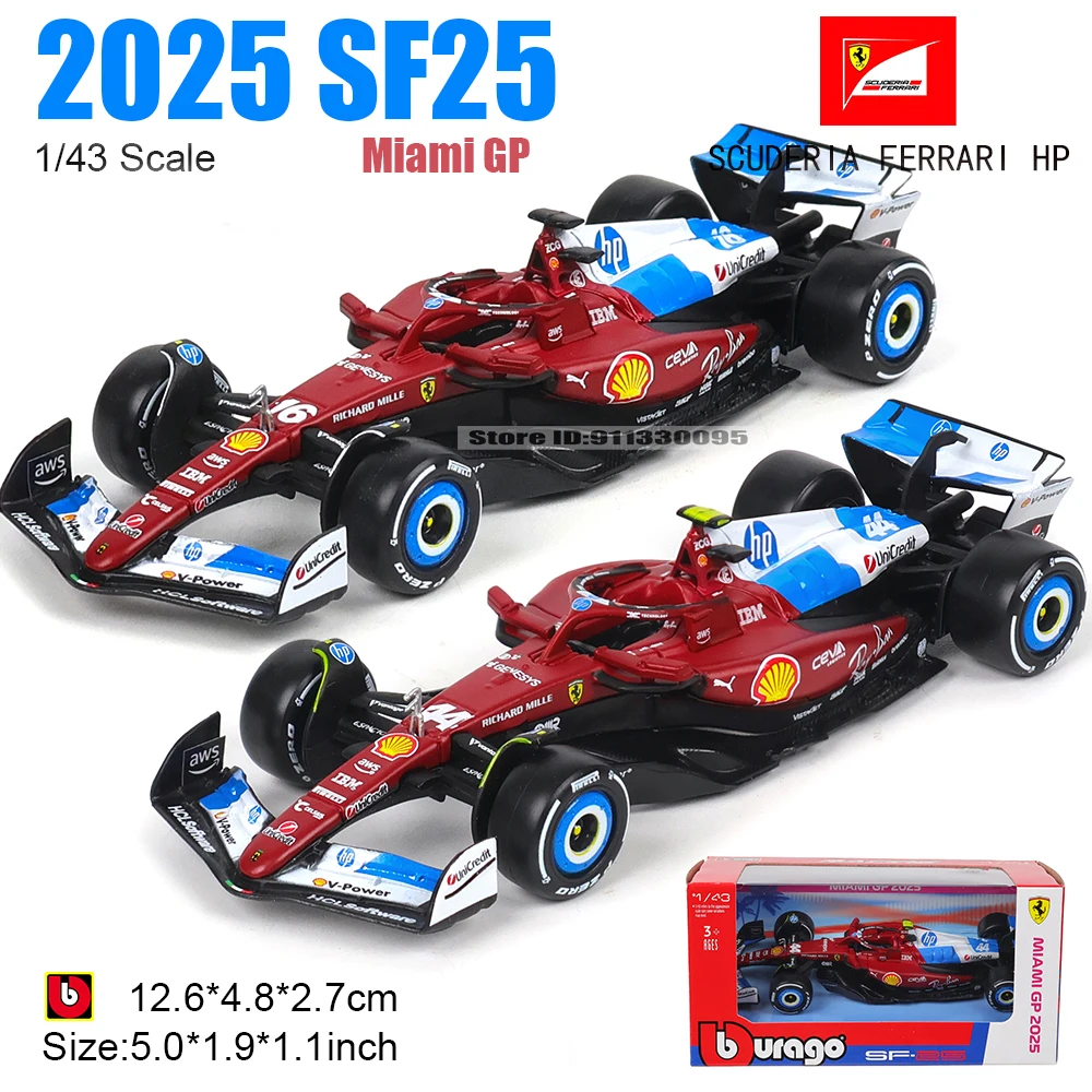 Bburago 1:43 2025 F1 Ferrari SF25 Miami Grand Prix 44#Lewis Hamilton 16#Charles Leclerc Alloy Car Die Cast Model Toy Collectible