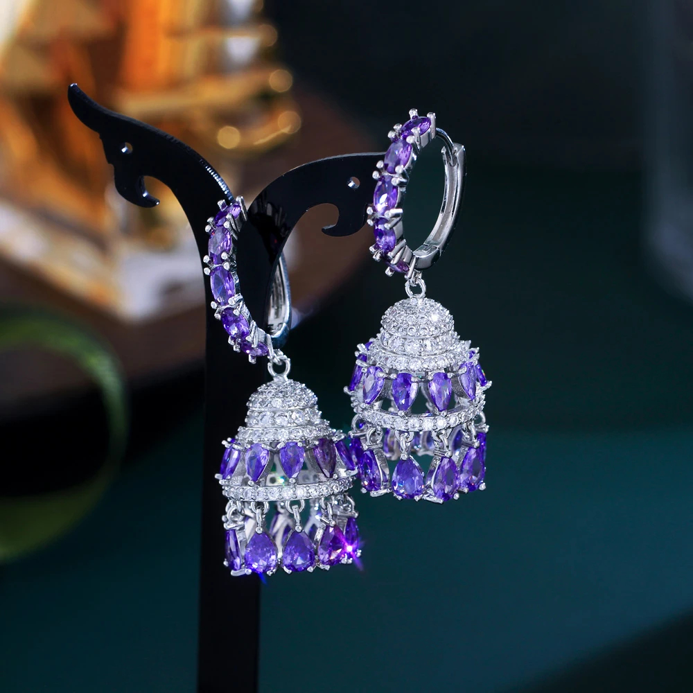 

CWWZircons Luxury Purple Cubic Zirconia Chandelier Dangle Water Drop Long Jhumkas Earrings for Women Wedding Party Jewelry CZ781