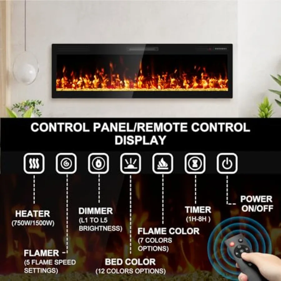 مدفأة كهربائية 60 بوصة، سخان مدفأة خطي فائق النحافة مثبت على الحائط مع كريستال بسعة تسخين 750 1500 وات