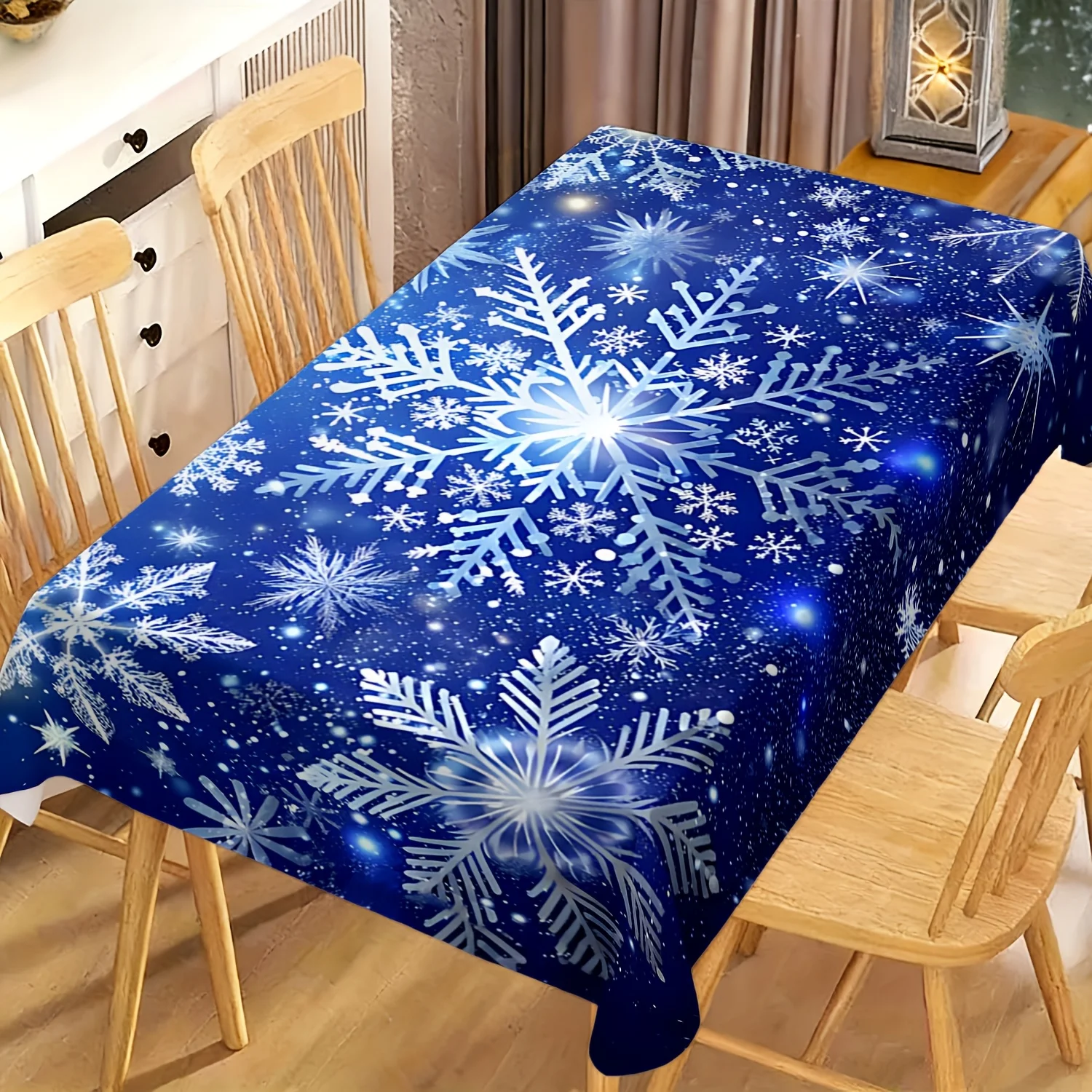 Blue Glowing Snowflake Tablecloth, Soft Rectangular Washable Table Cover for Daily Dining & Warm Family Gathering Decoration
