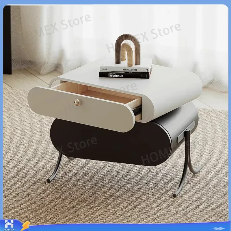 Modern White Rotating Bedside Table Stainless Steel Nightstand Wood Panel Bedroom Furniture for Home Hotel Simple Storage End