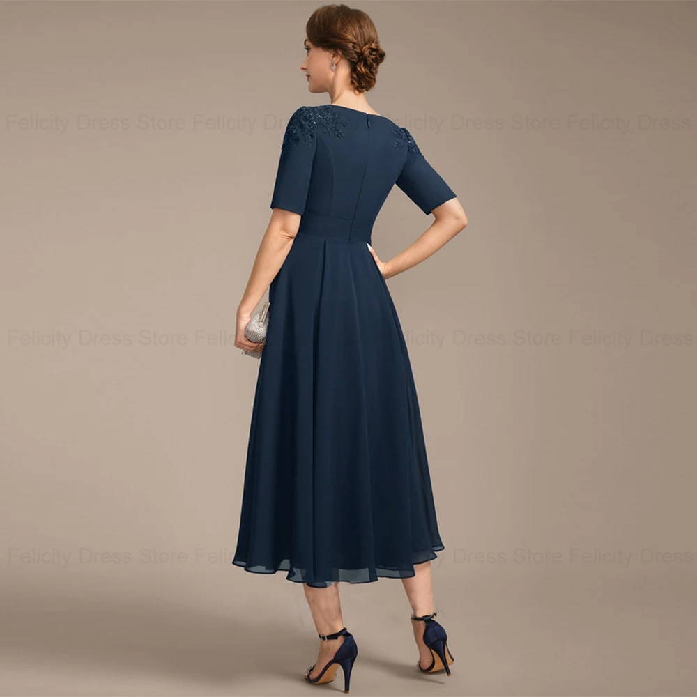 FELICITY Elegant Mother of the Bride Dresses 2024 A-line Scoop Wedding Guest Dresses Appliques Sequins Tea-Length Evening Gowns