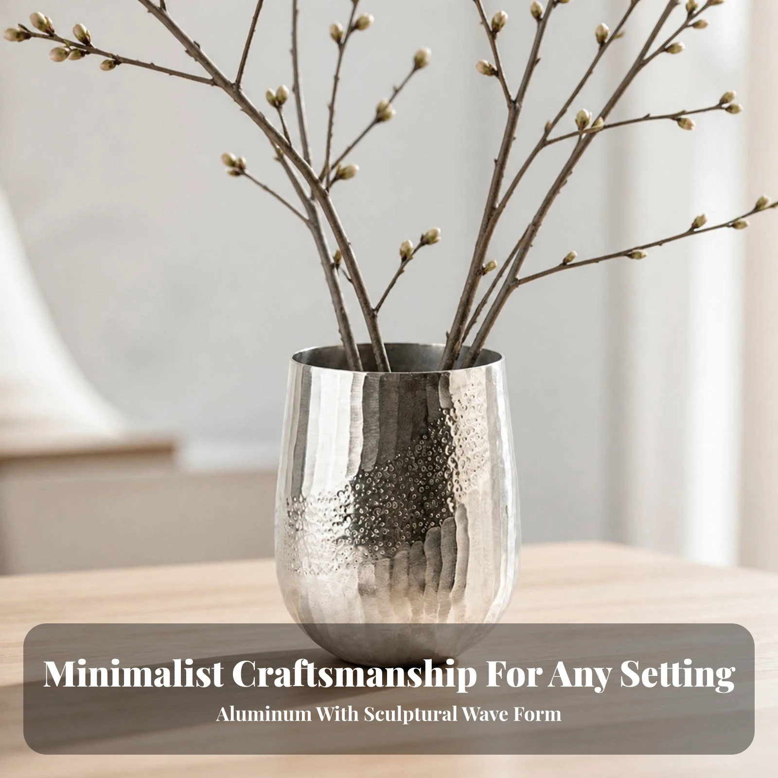 Aluminum Vase Textured Hammered Metal Vase Vessel Contemporary Refined for Dried Flowers, Home Decor