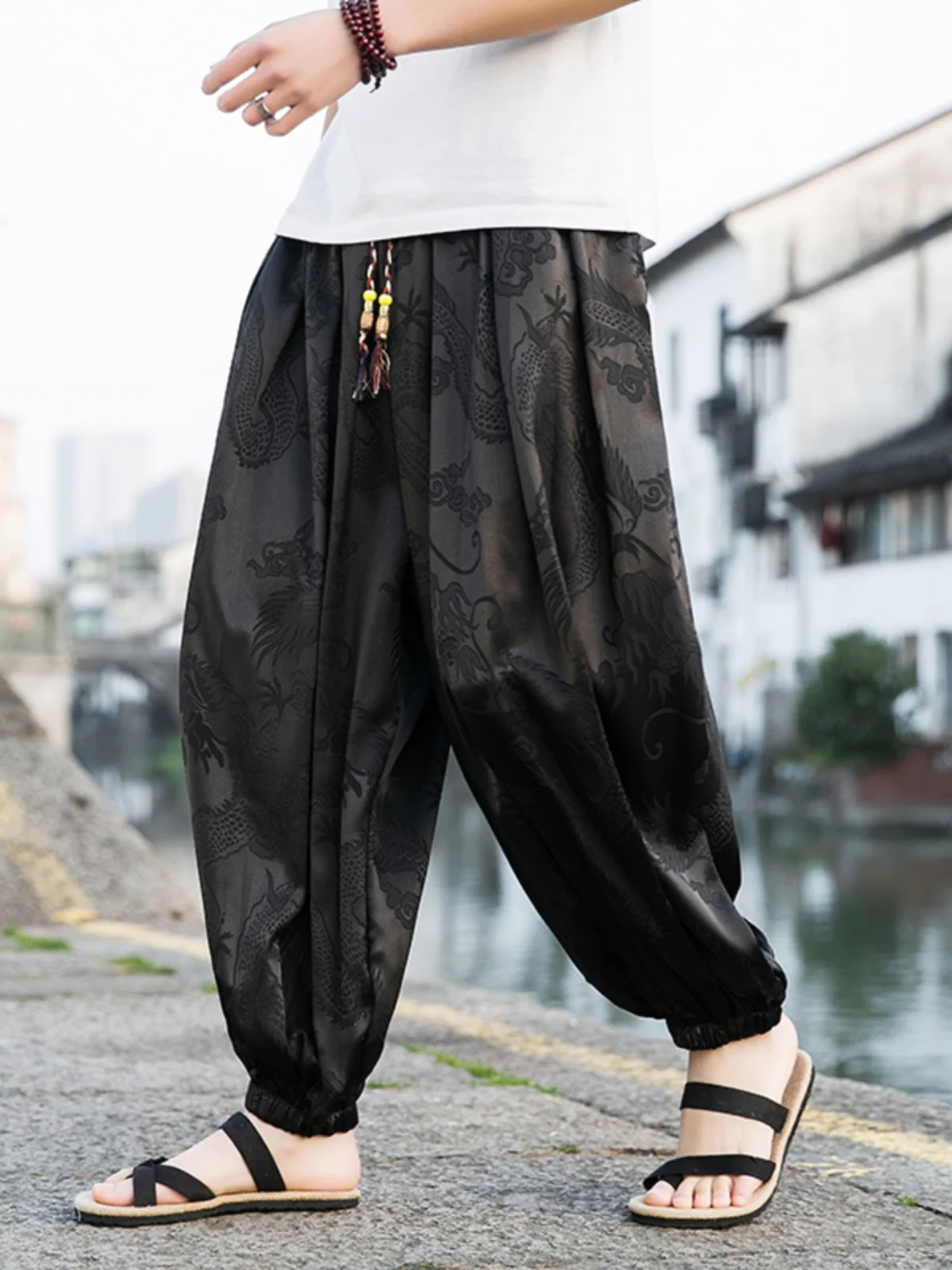 

Dragon Pattern Ice Silk Nine-Tenths Men's Summer Thin Wide Leg Lantern Pants Trendy Brand Loose Fit Casual Trousers