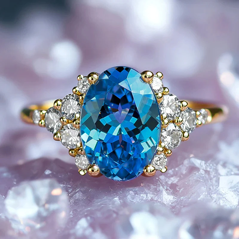 Huitan Eleganter Damenring für Hochzeit, Verlobung, luxuriös, mit hellblauem CZ-Stein, Party-Accessoires, zarter Damenschmuck, Geschenk – Detail 16