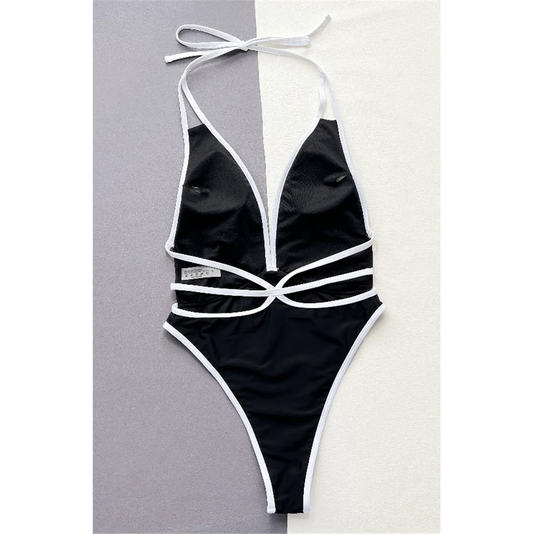 Monokini mit hohem Beinschnitt, Damen-Badebekleidung, Badeanzug, sexy, tiefer V-Ausschnitt, Neckholder, rückenfrei, einteiliger Badeanzug, Damen, V5228 – Detail 10