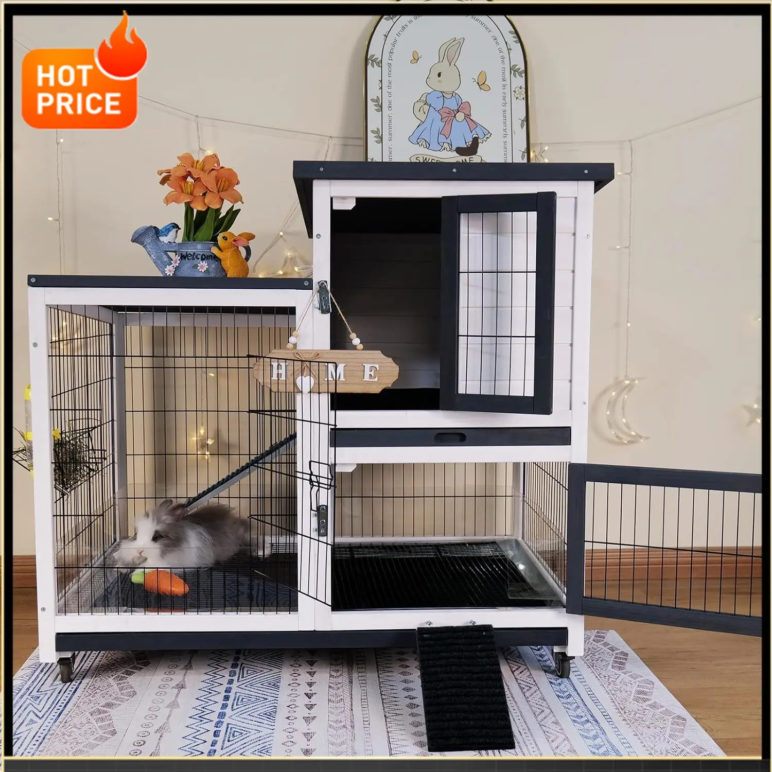 

BestsellerRabbit Hutch Indoor Bunny Cage Outdoor with Urine Guards 2 Storey Mobile Guinea Pig Cage Weatherproof Asphalt Roof Wir