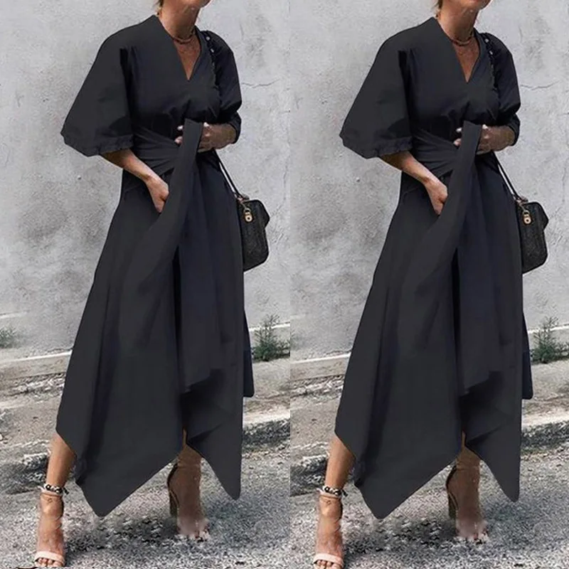 

2026 Summer New Bubble Sleeve V-neck Lace Splicing Long Dress Dress