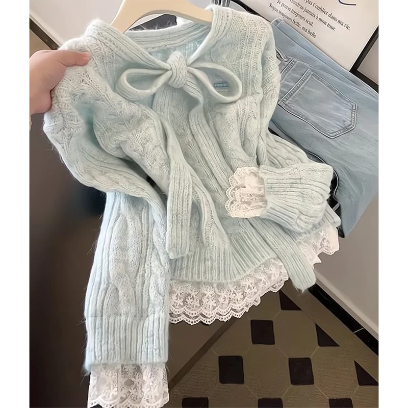 Women Bow Front Cable Knit Sweater Lace Trim Sweet Pullover Coquette Long Sleeve Chunky Top Preppy Winter Warm Jumper